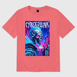Футболка оверсайз мужская Neon punk skeleton - ai art fantasy, цвет: коралловый