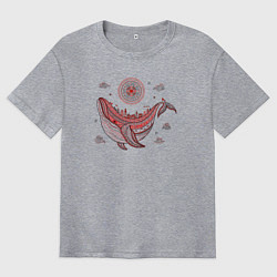 Мужская футболка оверсайз Кит и солнце в стиле мезенской росписи