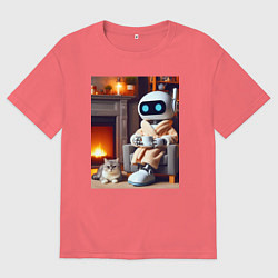 Футболка оверсайз мужская Робот у камина с котом и чашкой кофе - нейроарт, цвет: коралловый