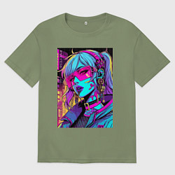 Футболка оверсайз мужская Кибер девчонка в розовых очках - нейроарт, цвет: авокадо