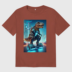 Мужская футболка оверсайз Cyber tyrannosaur on a hoverboard - neon glow fant