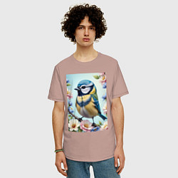 Футболка оверсайз мужская Синичка в цветах, цвет: пыльно-розовый — фото 2