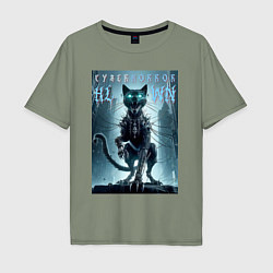 Футболка оверсайз мужская Cyber black cat - halloween horror fantasy, цвет: авокадо