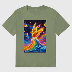 Футболка оверсайз мужская Огненный Пикачу на волне - нейроарт фантазия, цвет: авокадо