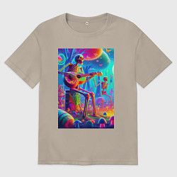 Футболка оверсайз мужская Скелет играет на гитаре в грибном лесу, цвет: миндальный