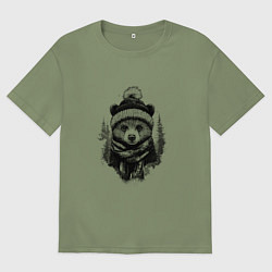 Футболка оверсайз мужская Мишка в шапке с помпоном, цвет: авокадо