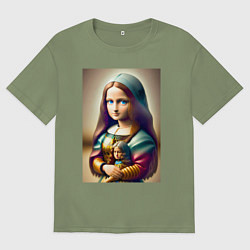 Футболка оверсайз мужская Маленькая Мона Лиза в детстве с куклой - нейроарт, цвет: авокадо