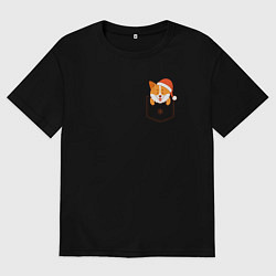 Футболка оверсайз мужская Новогодний корги в кармашке, цвет: черный