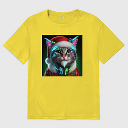 Футболка оверсайз мужская Новогодний кибер котик - нейроарт, цвет: желтый