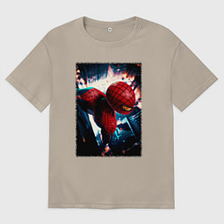 Футболка оверсайз мужская Человек паук над ночным городом, цвет: миндальный