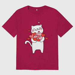 Футболка оверсайз мужская Белый кот с охапкой сердец, цвет: маджента