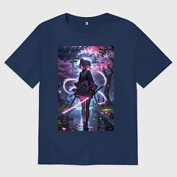 Мужская футболка оверсайз Девушка с катаной на фоне цветущей сакуры