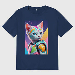 Футболка оверсайз мужская Котик в стиле киберпанк, цвет: тёмно-синий