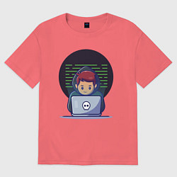 Футболка оверсайз мужская Хакер с ноутбуком, цвет: коралловый