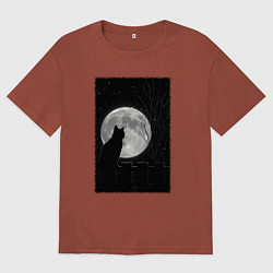 Футболка оверсайз мужская Кот при луне, цвет: кирпичный