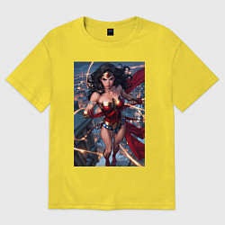 Мужская футболка оверсайз Чудо-женщина на крыше с городским фоном