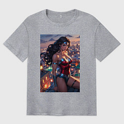 Мужская футболка оверсайз Чудо-женщина на крыше с городским фоном в стиле ко