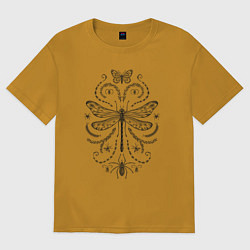 Футболка оверсайз мужская Стрекоза паук и бабочка, цвет: горчичный