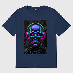 Футболка оверсайз мужская Неоновый череп в наушниках, цвет: тёмно-синий