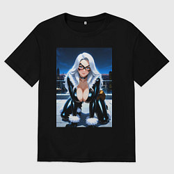 Мужская футболка оверсайз Черная кошка на крыше небоскреба