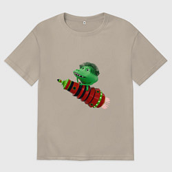Футболка оверсайз мужская Зеленый монстр на красной ракете, цвет: миндальный