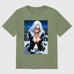 Мужская футболка оверсайз Черная кошка на крыше небоскреба