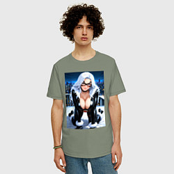 Футболка оверсайз мужская Черная кошка на крыше небоскреба, цвет: авокадо — фото 2