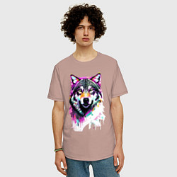 Футболка оверсайз мужская Волчья морда - нейроарт, цвет: пыльно-розовый — фото 2