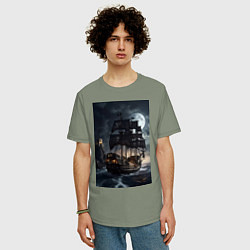 Футболка оверсайз мужская Пиратский корабль в шторм, цвет: авокадо — фото 2