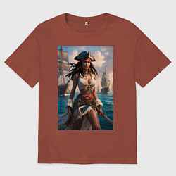 Мужская футболка оверсайз Пиратка на фона флотилии кораблей