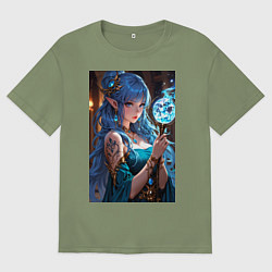 Мужская футболка оверсайз Прекрасная эльийка-маг с посохом