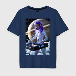 Футболка оверсайз мужская Девушка космо DJ на фоне сатурна, цвет: тёмно-синий