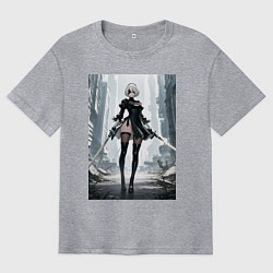 Мужская футболка оверсайз Девушка-андроид с катанами посреди руин