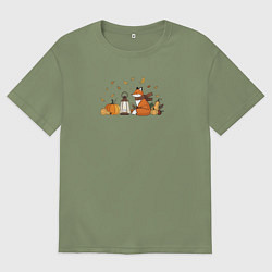 Мужская футболка оверсайз Лиса с тыквами и фонарём