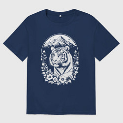 Футболка оверсайз мужская Тигр среди гор и цветов, цвет: тёмно-синий