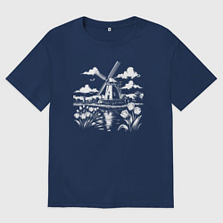 Футболка оверсайз мужская Мельница и тюльпаны, цвет: тёмно-синий