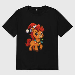 Футболка оверсайз мужская Лошадка с гирляндой на шее, цвет: черный