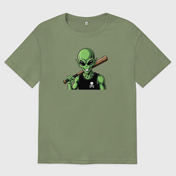 Мужская футболка оверсайз Зеленый пришелец с битой