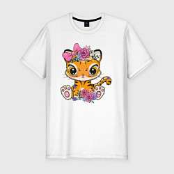 Мужская slim-футболка Милая тигрица с цветами