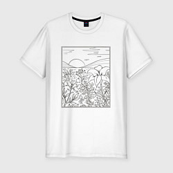 Мужская slim-футболка Пейзаж с холмами и цветами