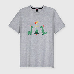 Мужская slim-футболка Динозаврики и елка