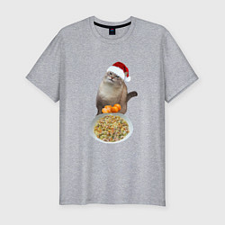 Мужская slim-футболка Новогодний кот и оливье