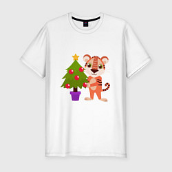 Мужская slim-футболка Тигр наряжает новогоднюю елку