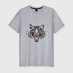 Мужская slim-футболка Агрессивный тигр с монетой Шиба ину в пасти