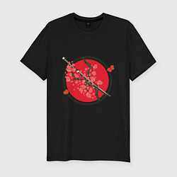 Мужская slim-футболка Японский меч, катана и ветви с красными цветами