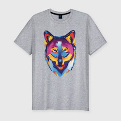 Мужская slim-футболка Волк раскрашен во множество разных цветов