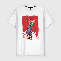 Мужская slim-футболка Fire skull Skateboarding man on a red background E