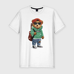 Футболка slim-fit Прикольный мишутка гитарист Cool teddy bear guitar, цвет: белый