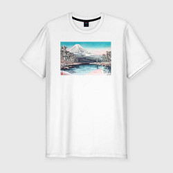 Мужская slim-футболка Mt Fuji from Tagonoura, Snow Scene Гора Фудзи