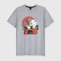 Футболка slim-fit Котик Самурай Samurai Cat Japanese art, цвет: меланж